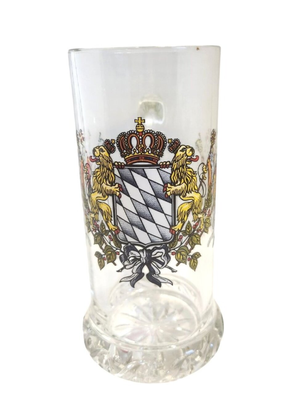 Vintage German 0.5L Glass Beer Mug Bavarian Crest Textured Handle Stamped Rasral